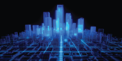 An abstract blue background with binary code overlays a 3d vector illustration of a night city skyline featuring technology architecture and skyscraper silhouettes © JAHURA