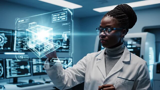 Scientist Interacting with Futuristic Holographic Interface in Laboratory.