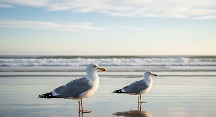 Seagulls on a Beach at Sunset - Coastal Birds in Natural Light.