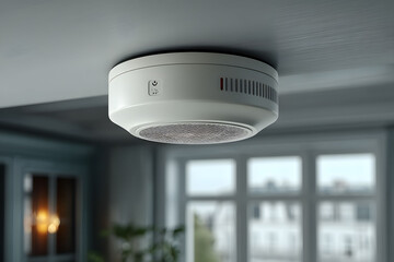 Modern ceiling speaker in a living room with large windows and bright natural light during the daytime