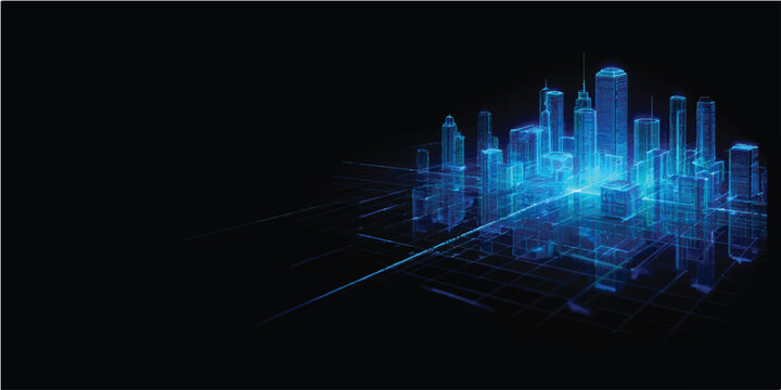A digital blue abstract technology background features glowing binary code and light effects, blending a futuristic city skyline design with motion energy for a modern computer wallpaper illustration