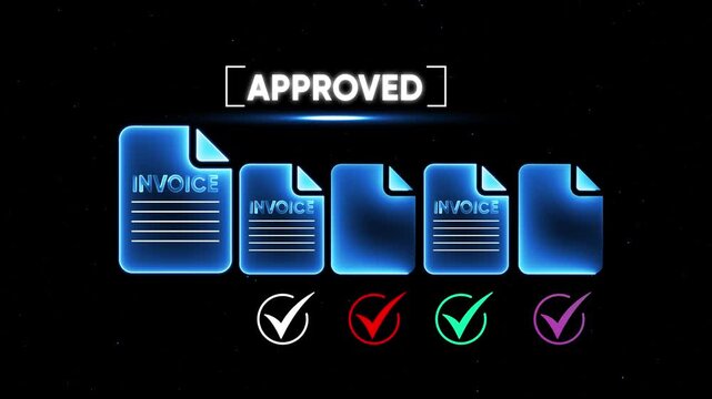 Approved Invoice Documents with Checkmarks on Black Background business