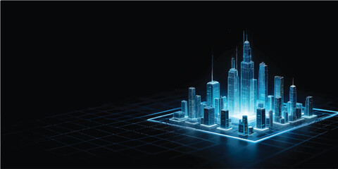 Abstract blue technology background featuring binary code over a 3d vector illustration of a city skyline with urban skyscrapers and modern architecture © JAHURA