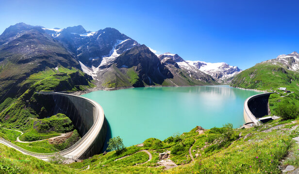 Panoramic view of Reservoir Mooserboden lake in mountains of the Hohe Tauern near Kaprun, Austria Alps.