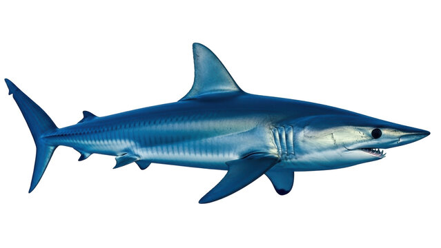 Isolated mako shark, an ocean predator with a pointed snout, gills, fins, and sharp teeth