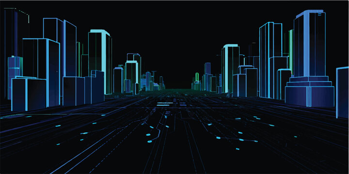Abstract blue background with neon lines featuring a 3d vector illustration of a city skyline with urban skyscrapers and modern architecture at night