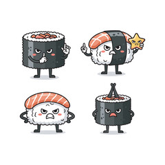 Kawaii sushi characters with different emotions and accessories on white background © Nasima