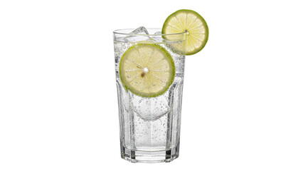 Isolated sparkling water in a glass with ice and a slice of lime for a refreshing beverage © Corman