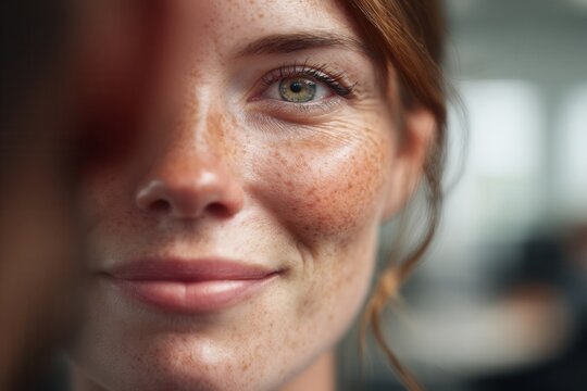 Woman's gentle, confident smile creating warm, welcoming atmosphere