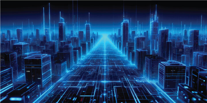 Abstract technology background with blue fiber optics and light spots featuring a digital heartbeat pulse wave and 3d city building line illustration pattern