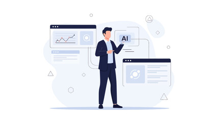 Businessman interacting with AI technology and data analysis on screens