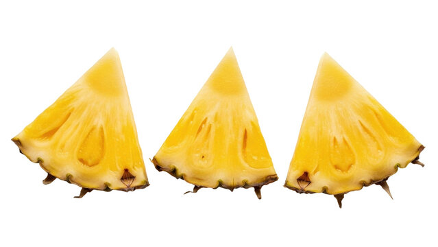 Isolated fresh pineapple wedges, tropical fruit segments. Ananas slices, ready to eat