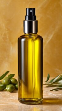 Elegant olive oil spray bottle against a warm cream background with green olives in the foreground