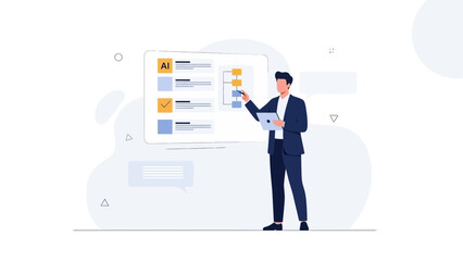 Businessman planning project with flowchart on digital whiteboard, AI concept
