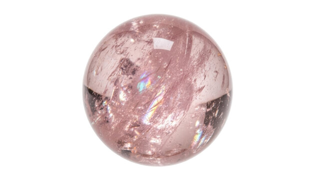 Isolated Rose Quartz sphere with rainbow effect, healing crystal, light, energy, mineral stone