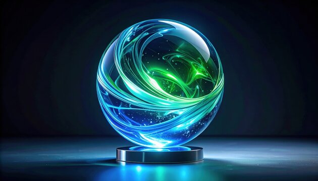 FlyPro Firefly sculpted crystal globe with swirling blue and green currents, professional camera