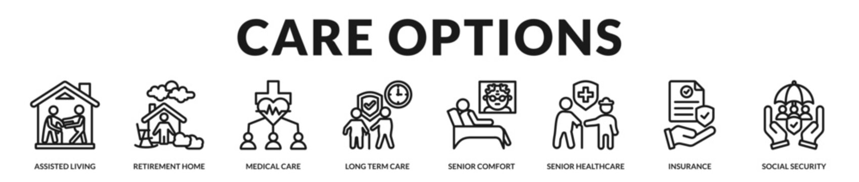 Care options banner illustrating supportive living environments and structured senior healthcare solutions. in Lineal Icon Style