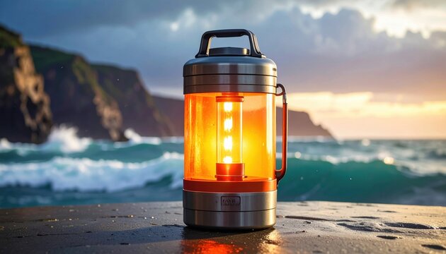 FlyPro Firefly emergency flares in a sealed waterproof container, designed for signaling in adverse weather, captured in a professional camera shot near the ocean.