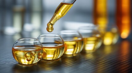 Dropper dispensing golden essential oil into small glass bowls in a laboratory setting for skincare, health, or culinary product development research.