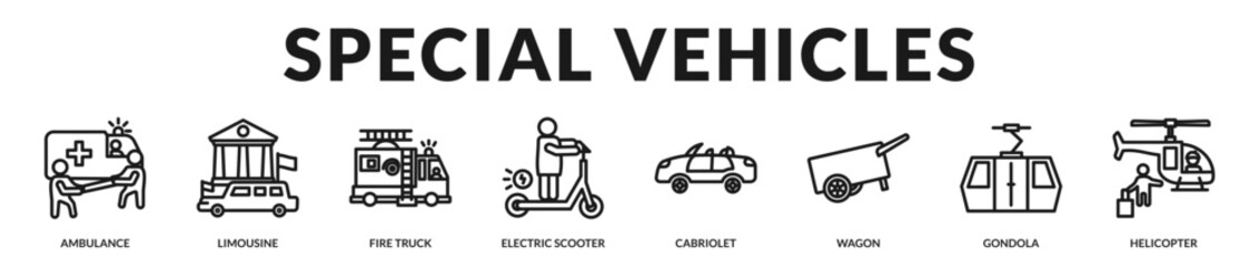 Special vehicles banner presenting diverse mobility solutions from luxury transport to emergency response. in Lineal Icon Style © Zero_wing