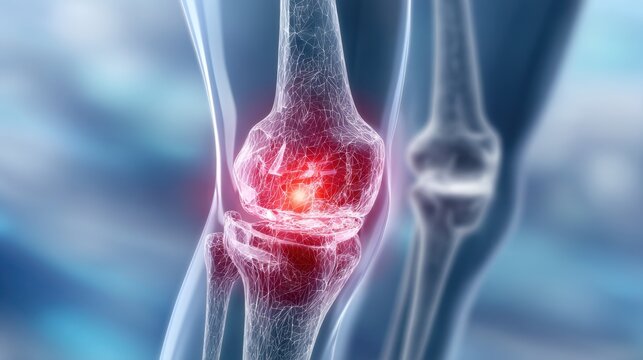 Human knee joint with highlighted pain area. Medical illustration of knee injury or arthritis. Health diagnosis concept.