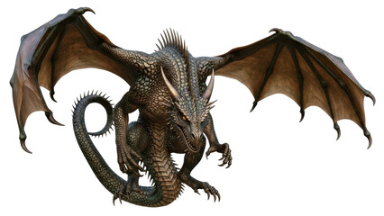 Isolated armored fantasy dragon creature with wings outstretched looking down menacingly © Fried
