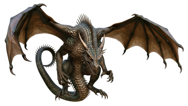 Isolated armored fantasy dragon creature with wings outstretched looking down menacingly