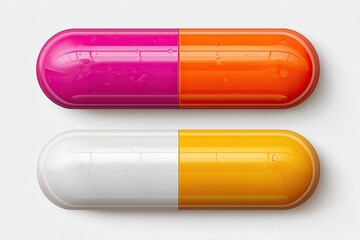 Two close-up capsules in vivid color combinations, split lengthwise, against a white background