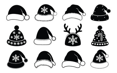 Assorted stylized winter hats and headwear collection in black and white isolated on white background, Vector, illustration