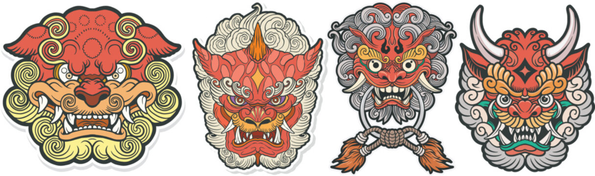 vector art illustration drawing foo dog foodoo head animal mythologi line art pack