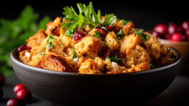 Delicious homemade stuffing with cranberries and herbs in a bowl. Traditional holiday side dish for Thanksgiving or Christmas dinner concept.