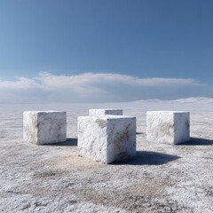 Four textured stone cubes are placed on a desolate, icy landscape under a light blue sky