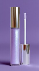 Obraz premium Sparkling lavender lip gloss tube alongside applicator on a light lavender backdrop, showcasing elegance and beauty