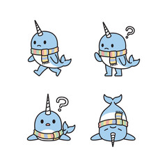 Cartoon narwhal character showing different emotions with scarf and question marks © Adnan