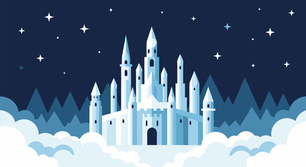 Enchanted Winter Castle Vector Illustration Floating on Clouds at Starry Night © PDWN Creative