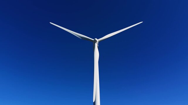 Aerial close up of a horizontal axis wind turbine with three aerodynamic blades, pitch control system and rotor hub spinning steadily, converting wind energy into clean electricity