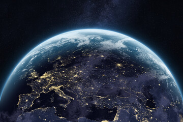 Fototapeta premium Planet Earth in outer space. Europe, Asia, Middle East. Amazing night Earth with cities lights. UK, Spain, Germany, France, Italy, at night viewed from space. 