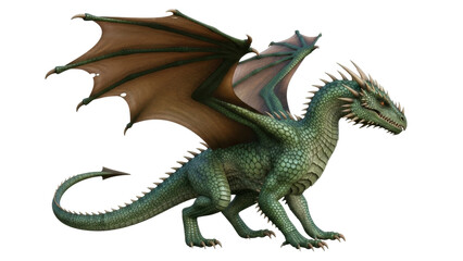 Isolated fantasy green dragon with detailed scales, horns, and leathery wings spread