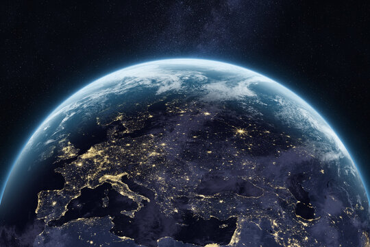 Planet Earth in outer space. Europe, Asia, Middle East. Amazing night Earth with cities lights. UK, Spain, Germany, France, Italy, at night viewed from space. 