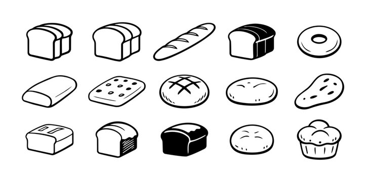 Bread Variety Line Icons Set Minimal Black and White Bakery Loaf Collection