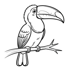 Fototapeta premium A stylized toucan perched gracefully on a branch in a simple line drawing isolated on white background, Vector, illustration