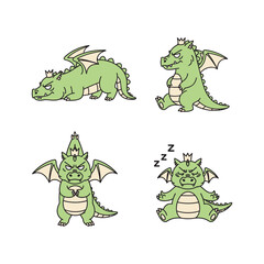 Fototapeta premium Cute cartoon dragons sleeping and resting in various poses with copy space