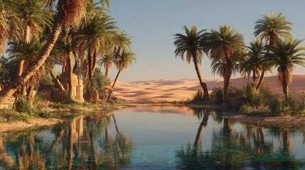 Obraz premium Desert Oasis at Dawn, Palm Trees, Water Reflection, Digital Illustration