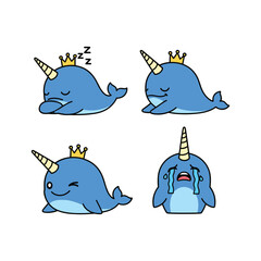 Cute cartoon narwhals with different emotions wearing crowns on white background © Rakib