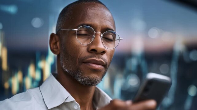 An individual focused intently on a smartphone, with dynamic financial graphs and data reflecting in the backdrop, embodying the essence of modern digital engagement 