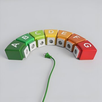 3d Anzeige der Energieklasse, Zertifikate A bis G mit Steckdosen und Elektrokabel mit Stecker auf transparenten Hintergrund, freigestellt