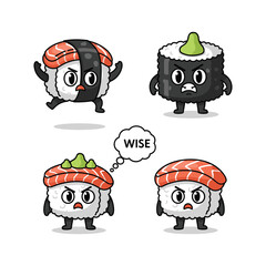 Cartoon sushi characters with different emotions and hats on white background © Rakib