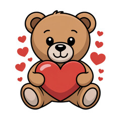 Naklejka premium Cute teddy bear holding a red heart, surrounded by small hearts, isolated on transparent background