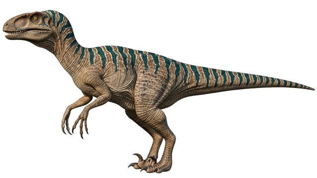 Isolated Carnotaurus, fearsome predatory dinosaur with green and brown stripes on its hide