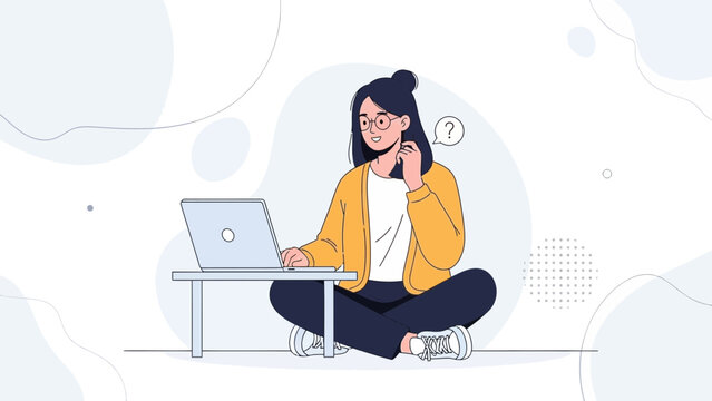 Confused woman working on laptop, thinking hard, asking questions, online learning, remote work